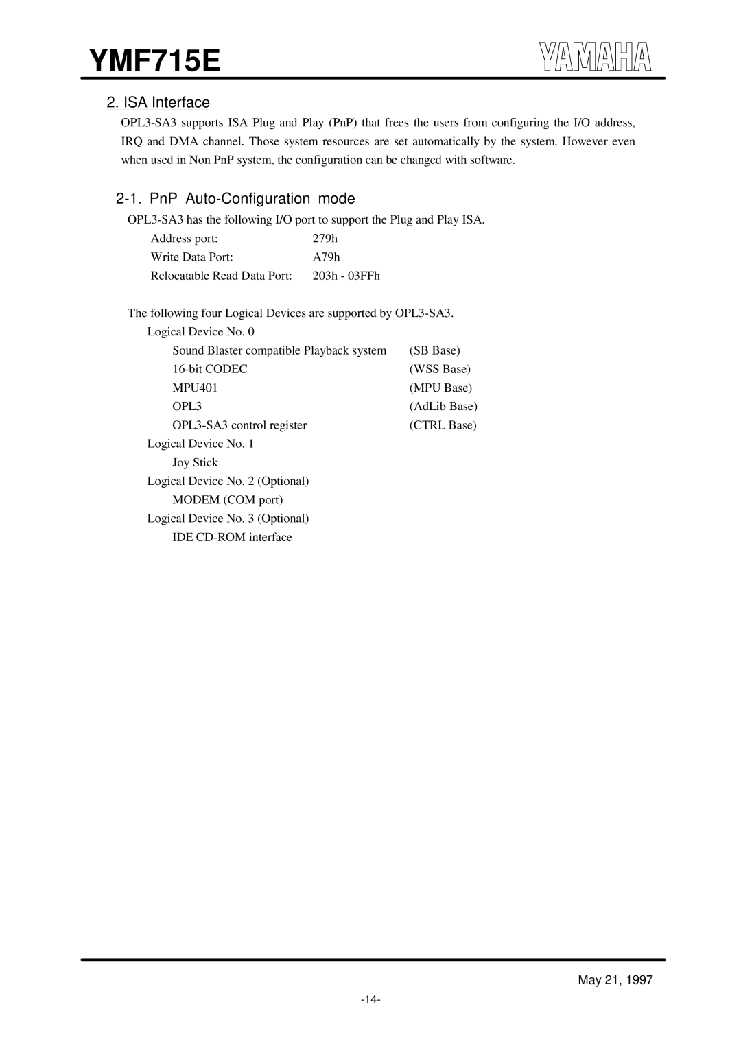 Yamaha OPL3-SA3 specifications ISA Interface, PnP Auto-Configuration mode 