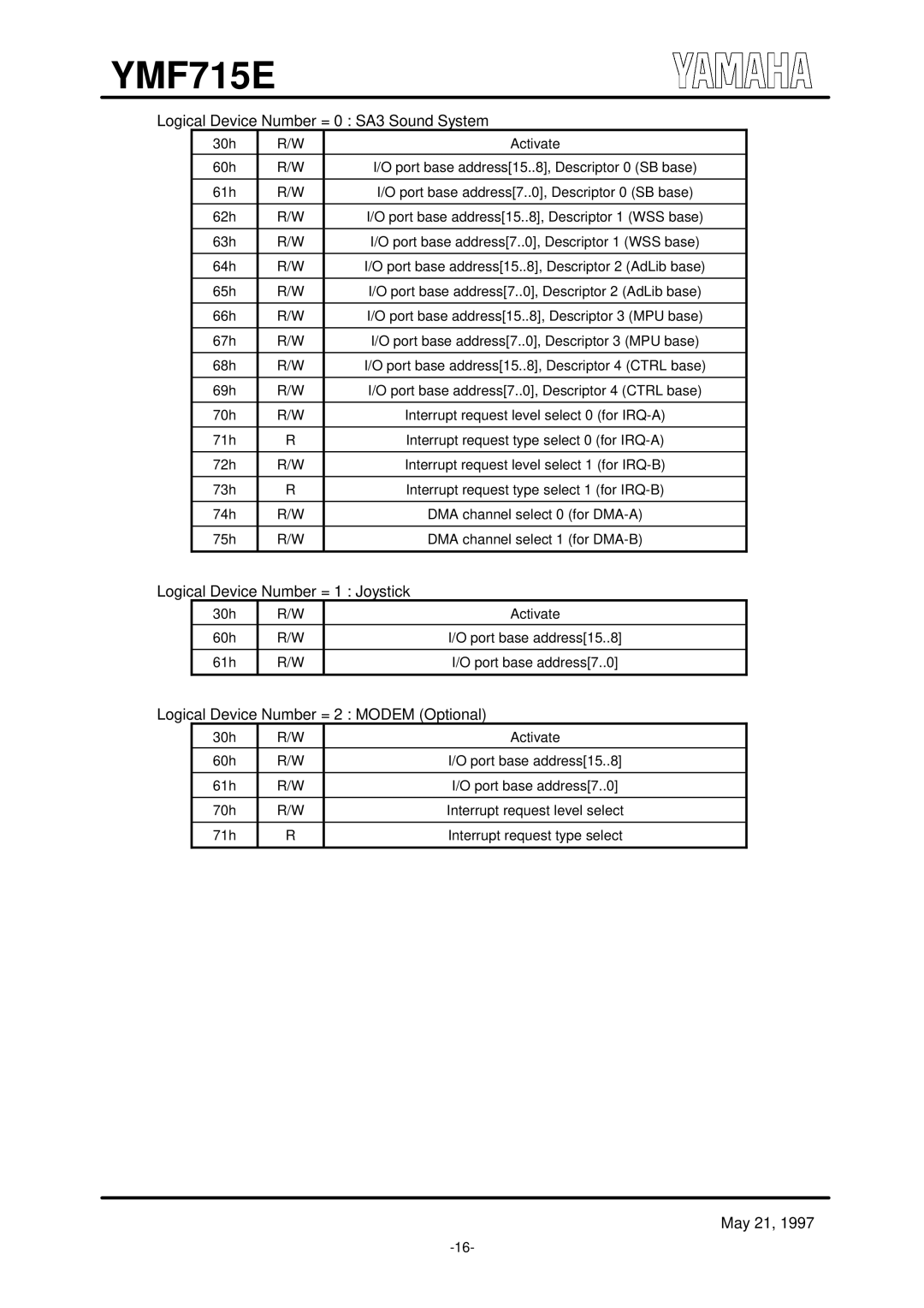 Yamaha OPL3-SA3 specifications Logical Device Number = 1 Joystick 