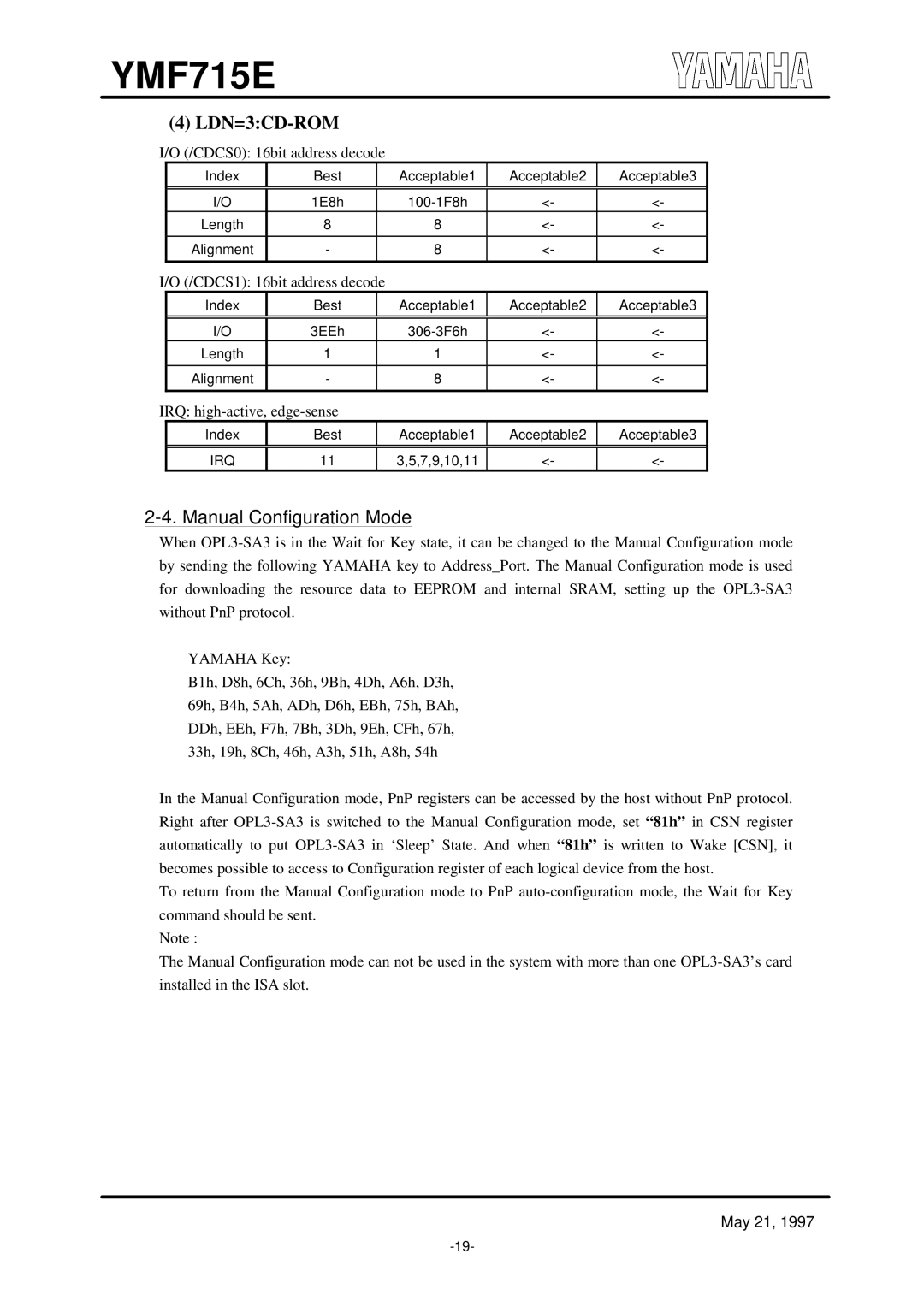 Yamaha OPL3-SA3 specifications LDN=3CD-ROM, Manual Configuration Mode 