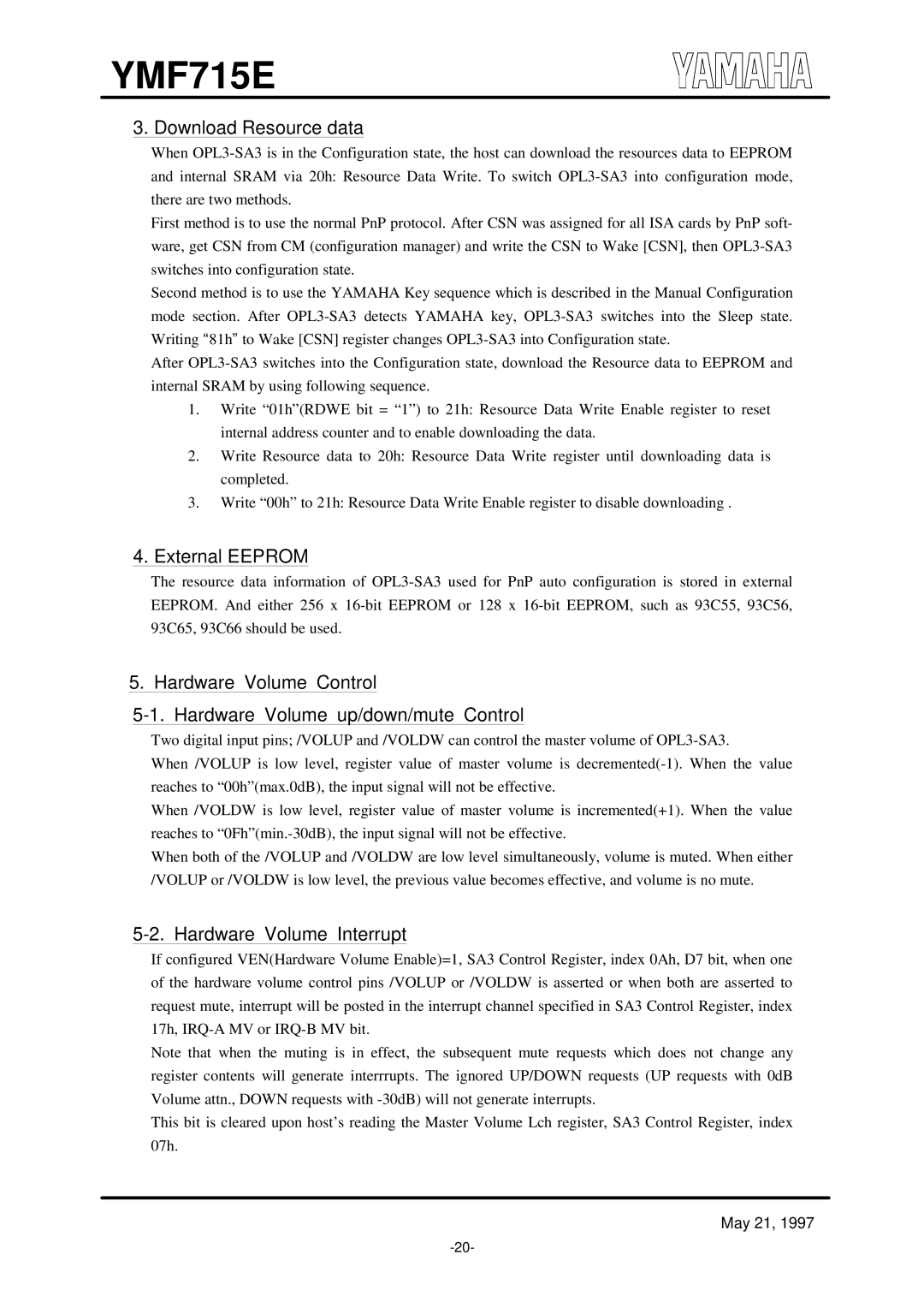 Yamaha OPL3-SA3 specifications Download Resource data, External Eeprom, Hardware Volume Interrupt 