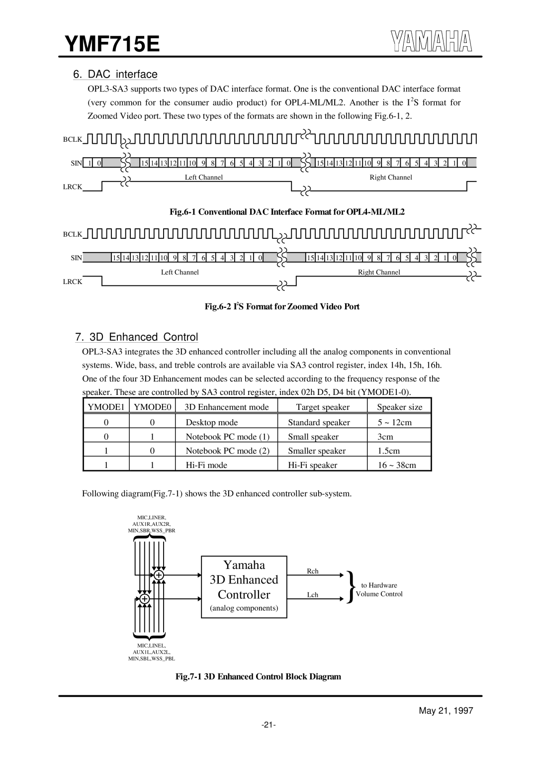 Yamaha OPL3-SA3 specifications DAC interface, 3D Enhanced Control, YMODE1 YMODE0 