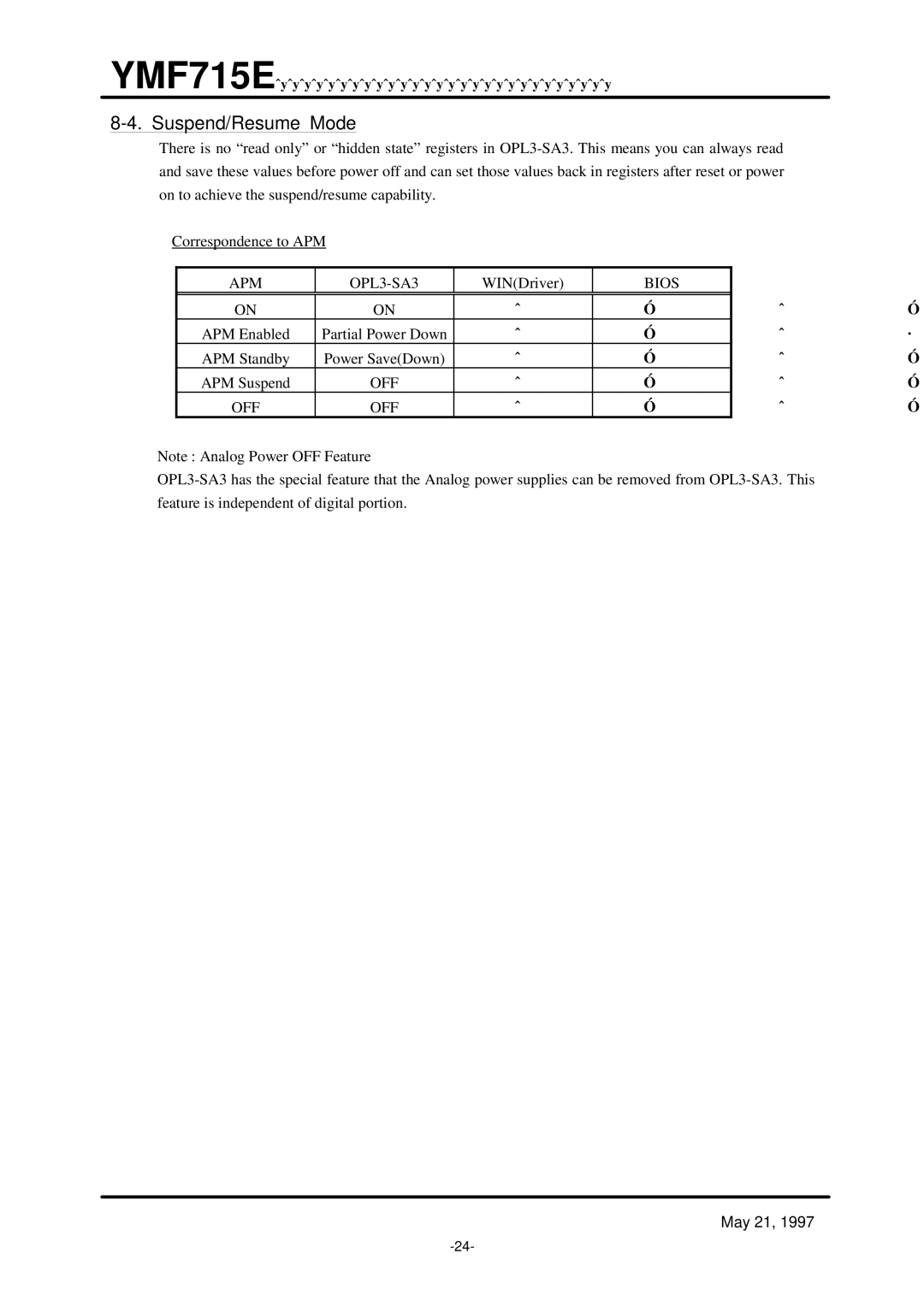 Yamaha specifications Suspend/Resume Mode, APM OPL3-SA3, Bios, Off 