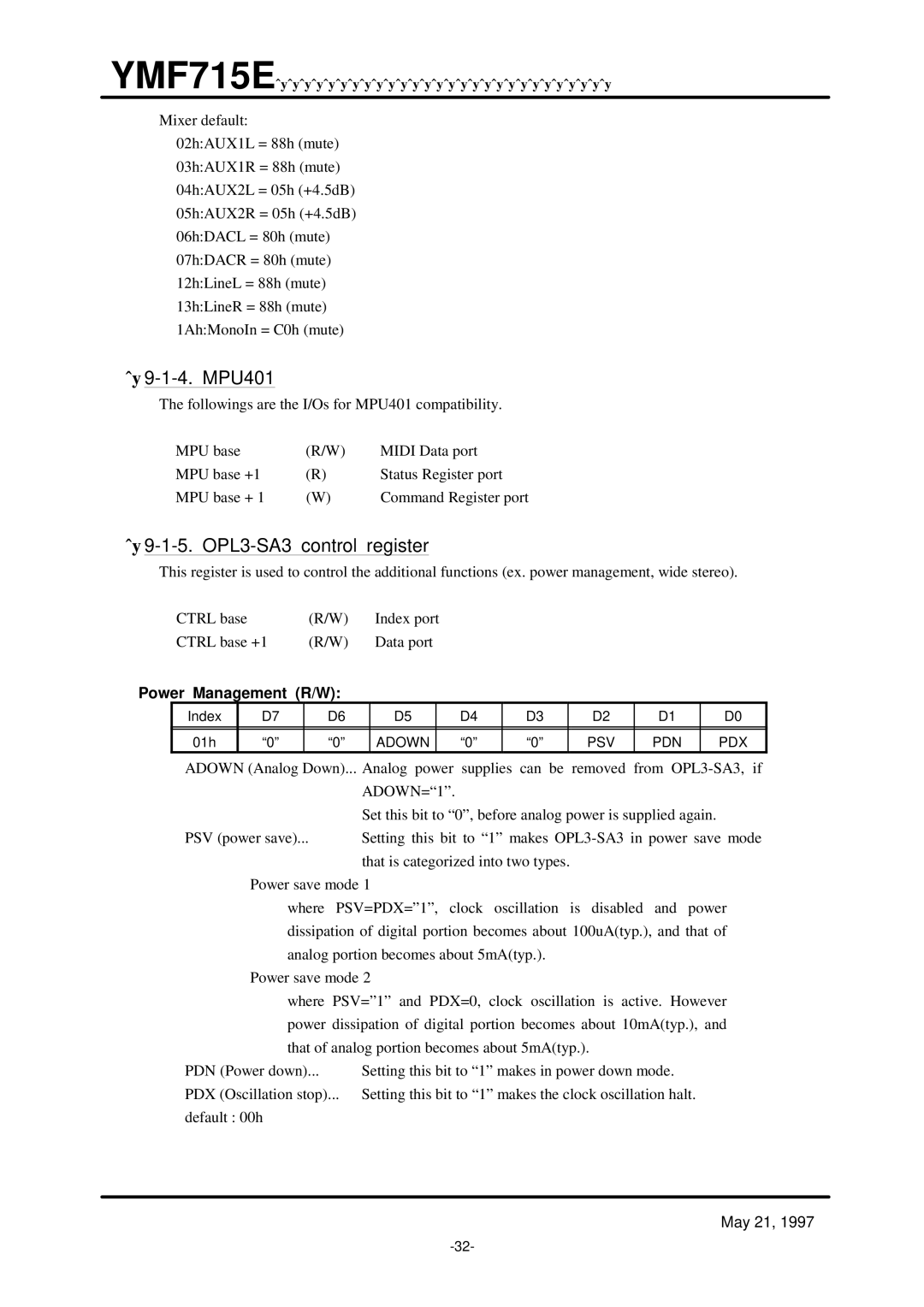 Yamaha specifications MPU401, OPL3-SA3 control register, Power Management R/W 