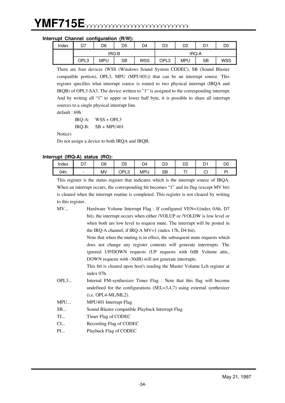 Yamaha OPL3-SA3 specifications Interrupt Channel configuration R/W, IRQ-A WSS + OPL3, Interrupt IRQ-A status RO 