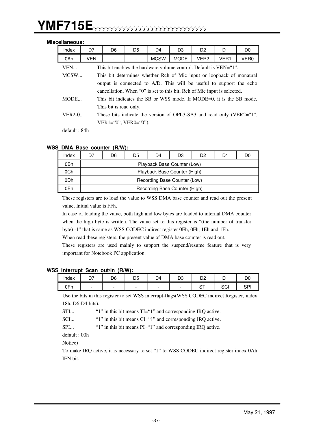 Yamaha OPL3-SA3 specifications Miscellaneous, Mcsw, Mode, WSS DMA Base counter R/W, WSS Interrupt Scan out/in R/W 