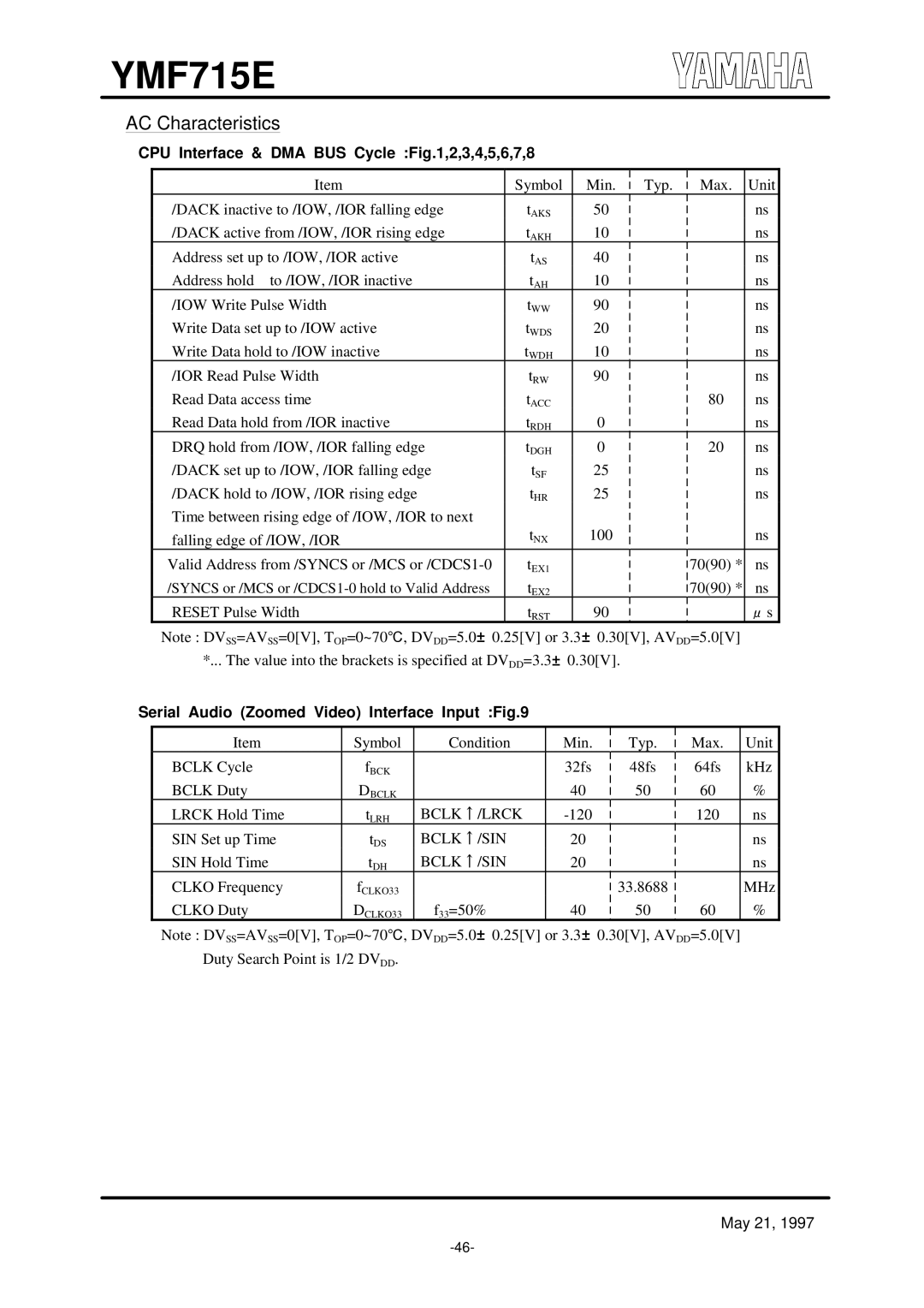 Yamaha OPL3-SA3 specifications AC Characteristics, CPU Interface & DMA BUS Cycle ,2,3,4,5,6,7,8, Bclk ↑/LRCK, Bclk ↑/SIN 