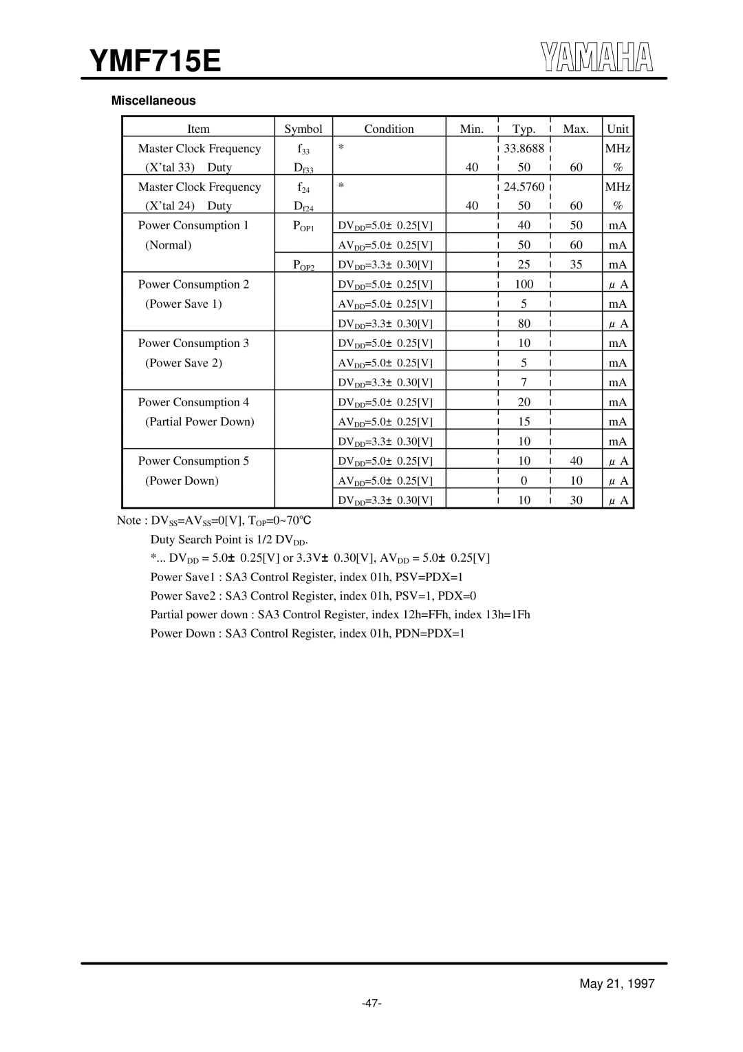 Yamaha OPL3-SA3 specifications Symbol Condition Min Typ Max Unit Master Clock Frequency 