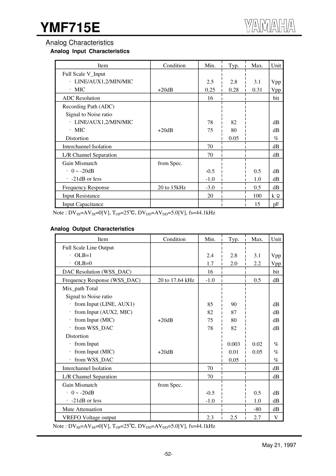 Yamaha OPL3-SA3 Analog Characteristics, Analog Input Characteristics, ･ LINE/AUX1,2/MIN/MIC, Analog Output Characteristics 