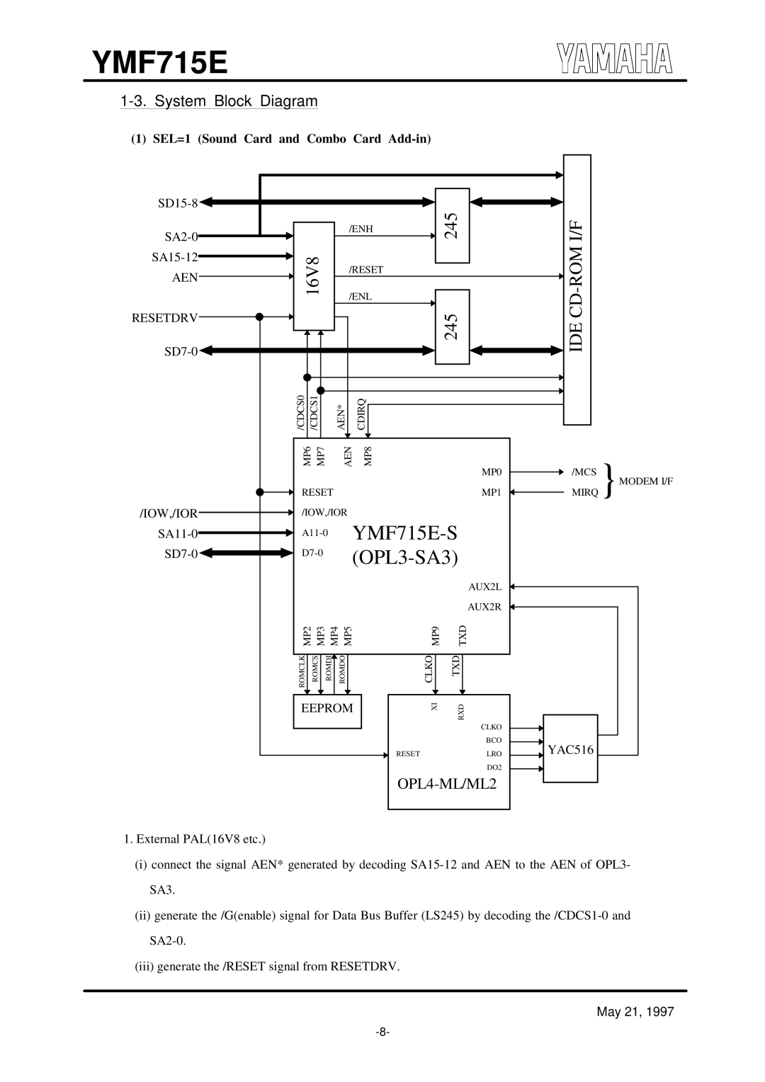 Yamaha OPL3-SA3 specifications System Block Diagram, AEN Resetdrv, Eeprom 