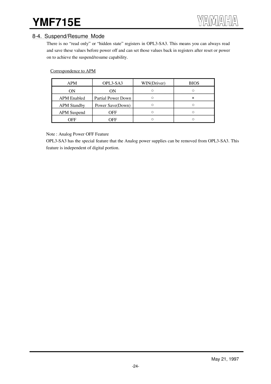 Yamaha OPL3-SA3 specifications Suspend/Resume Mode, YMF715E 