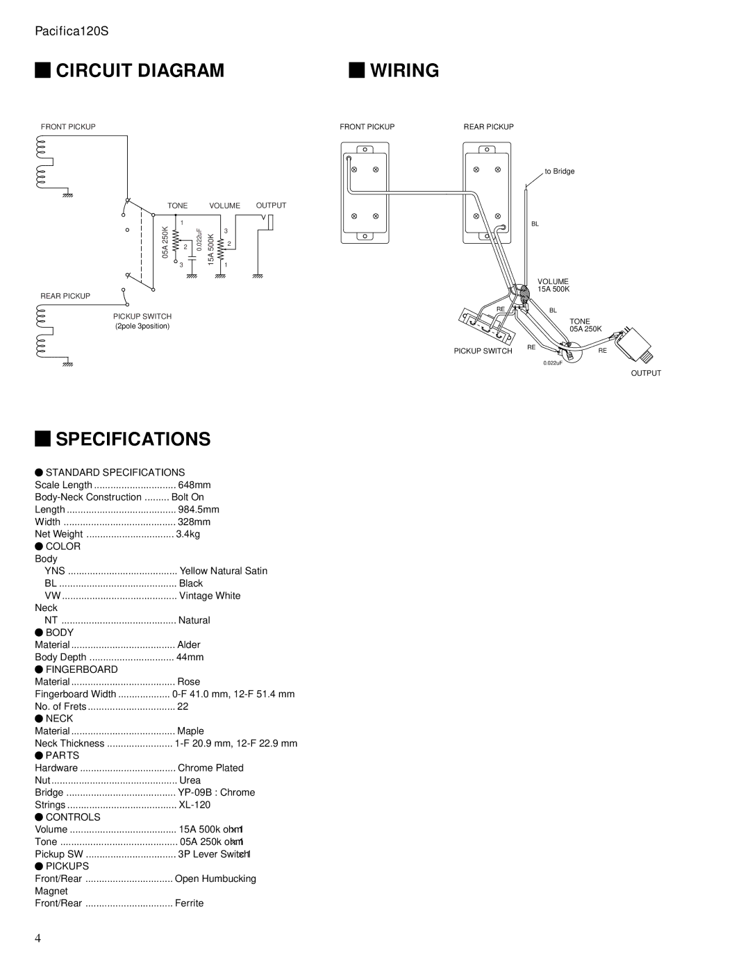 Yamaha Pacifica, 120S service manual Circuit Diagram Wiring, Specifications 