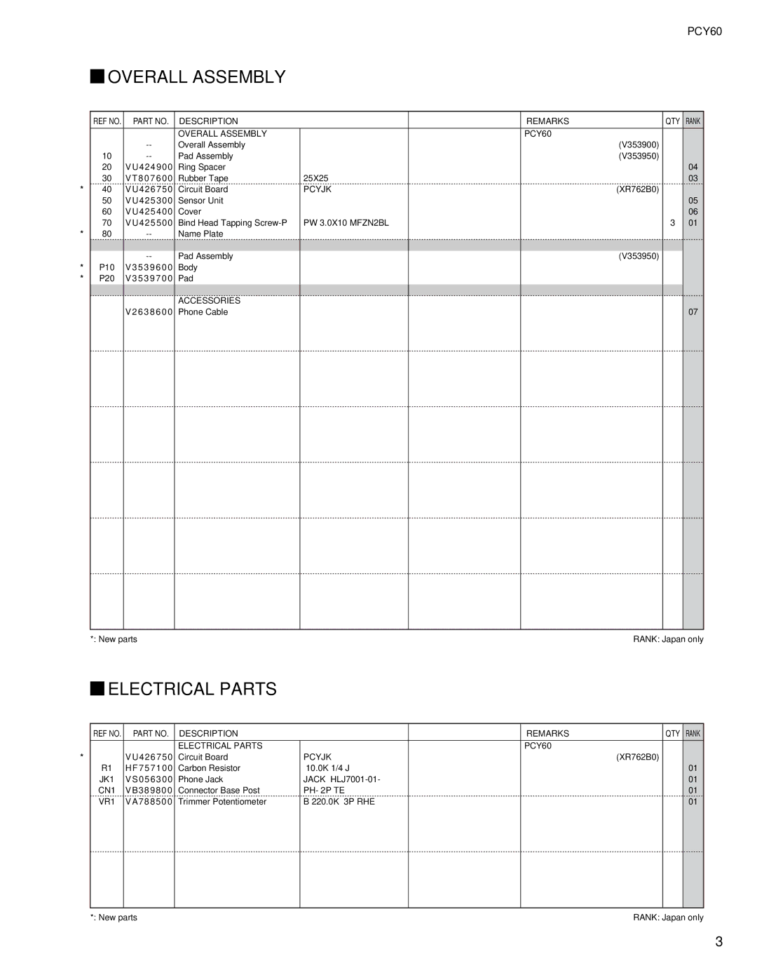 Yamaha PCY60 service manual Electrical Parts, VU425500 