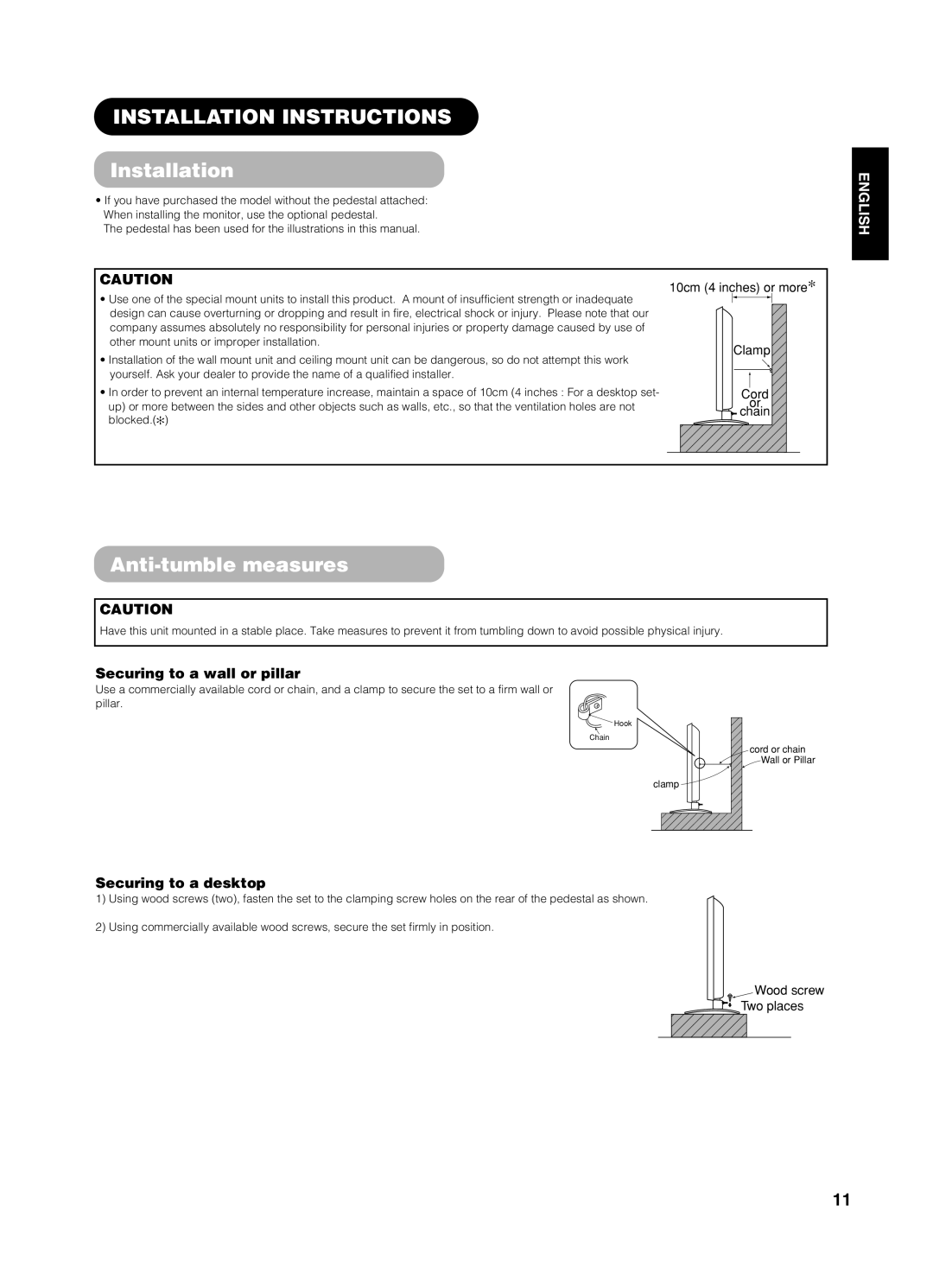 Yamaha pdm-4210 Installation Instructions, Anti-tumble measures, Securing to a wall or pillar, Securing to a desktop 