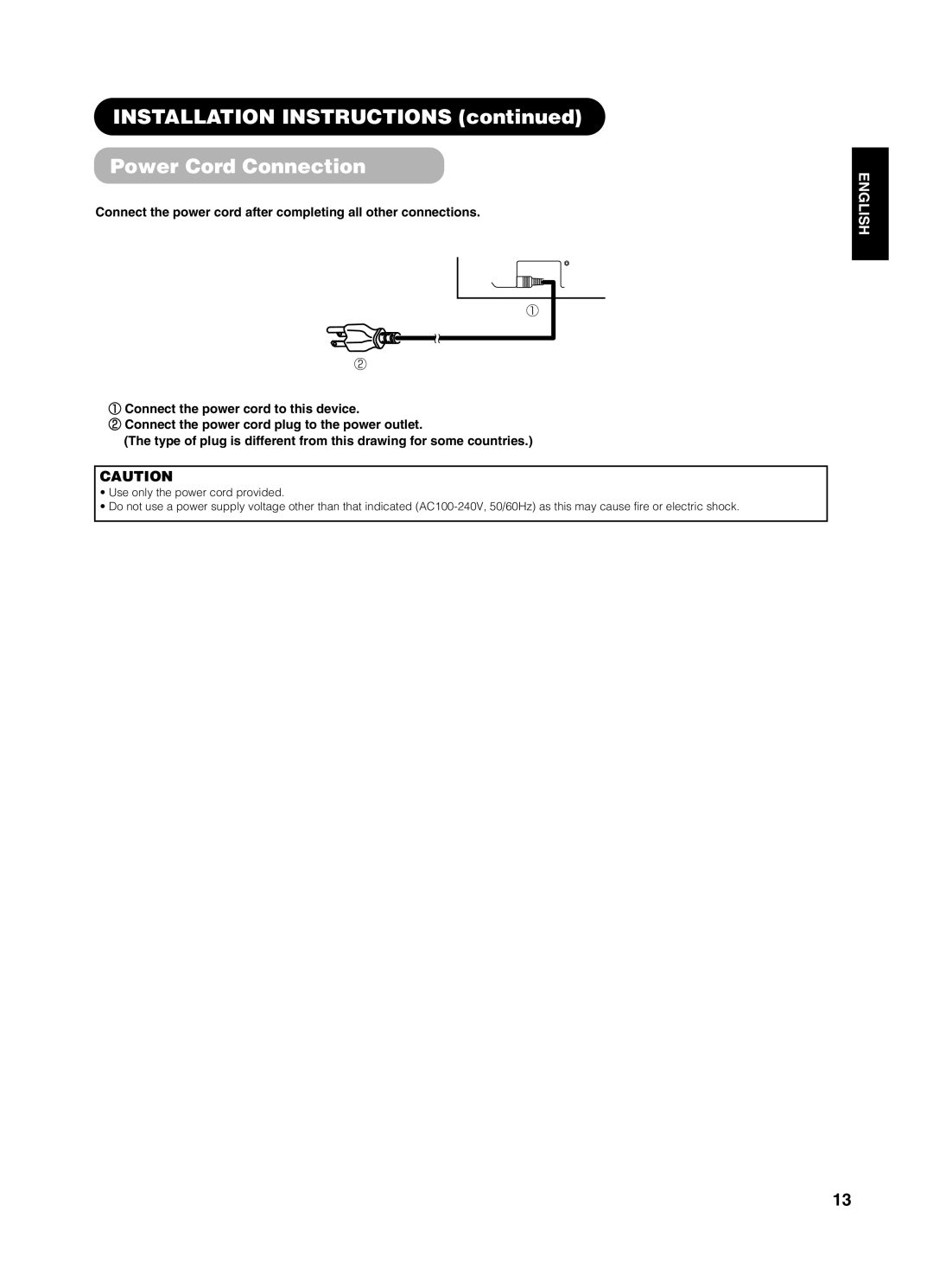 Yamaha pdm-4210 user manual Installation Instructions Power Cord Connection 