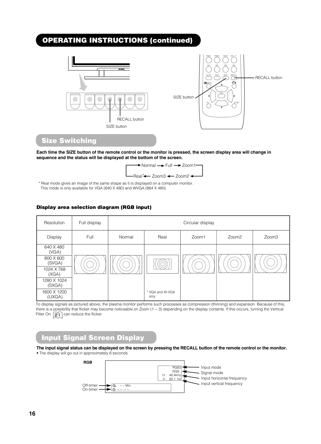 Yamaha pdm-4210 user manual Operating Instructions, Size Switching, Input Signal Screen Display 