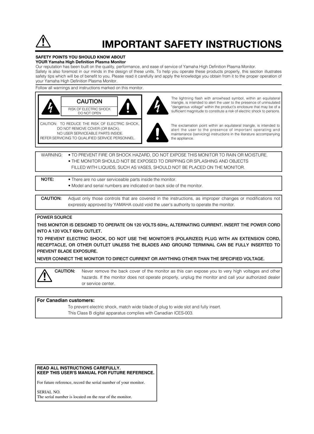 Yamaha pdm-4210 user manual Important Safety Instructions, For Canadian customers 