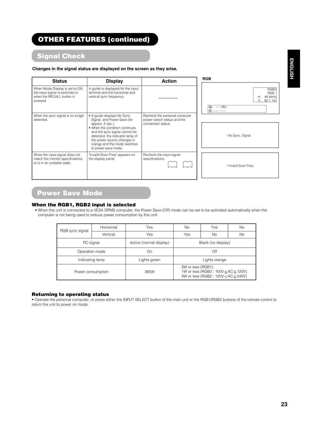 Yamaha pdm-4210 Other Features Signal Check, Power Save Mode, Status Display Action, When the RGB1, RGB2 input is selected 