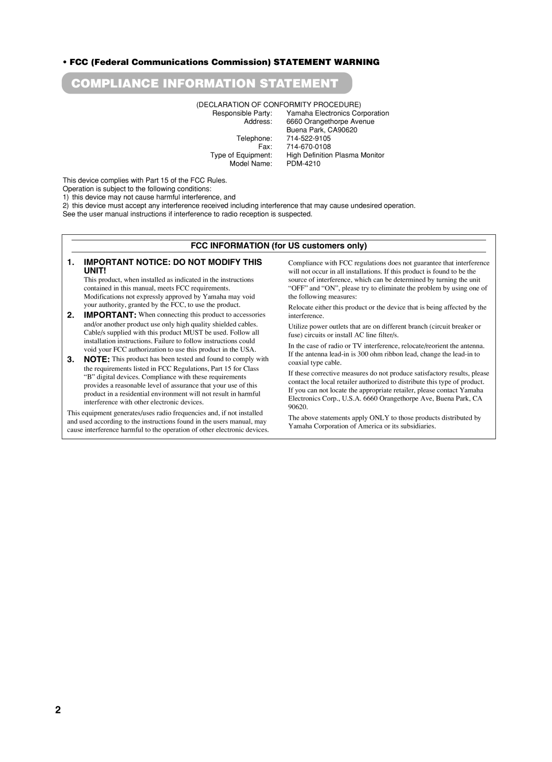 Yamaha pdm-4210 user manual Compliance Information Statement, FCC Federal Communications Commission Statement Warning 