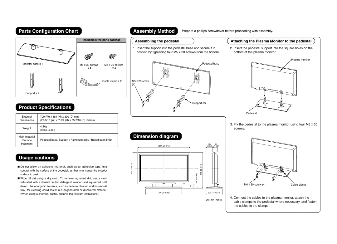 Yamaha pdm-4210 user manual Included in the parts package, Unit mm inches 