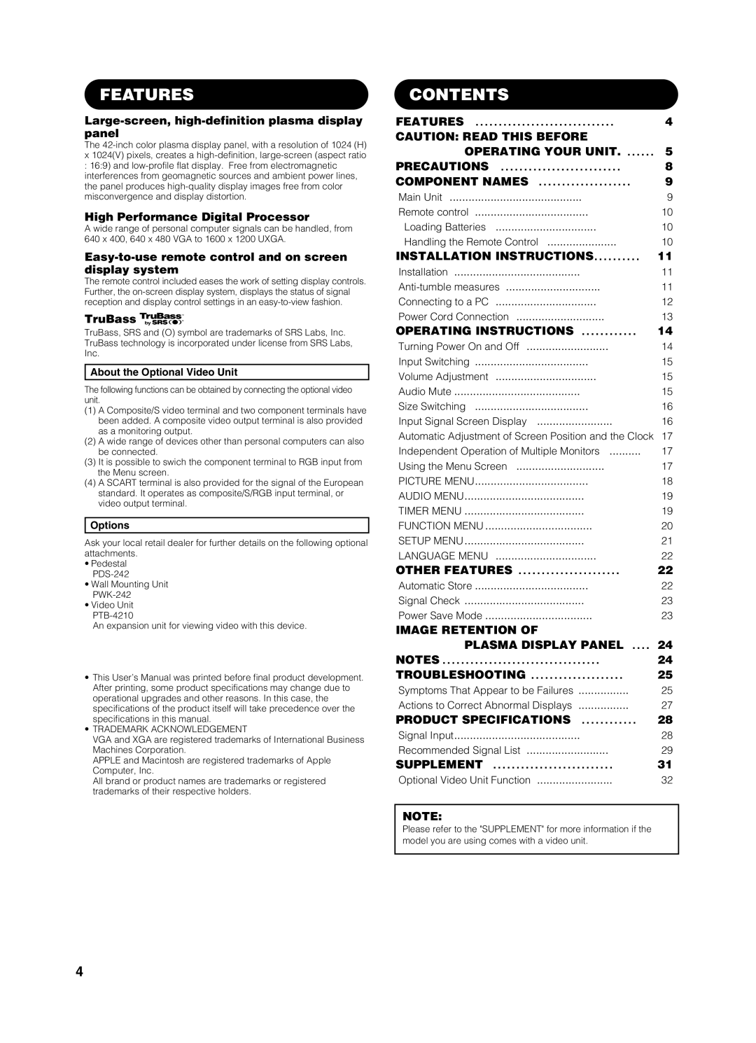 Yamaha pdm-4210 user manual Features, Contents 