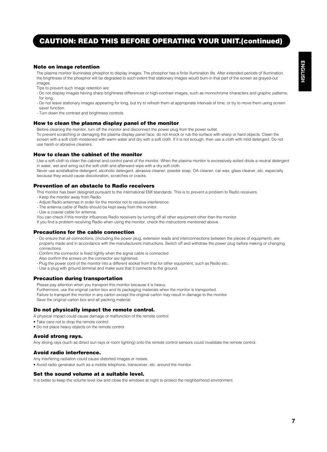 Yamaha pdm-4210 user manual How to clean the plasma display panel of the monitor, How to clean the cabinet of the monitor 