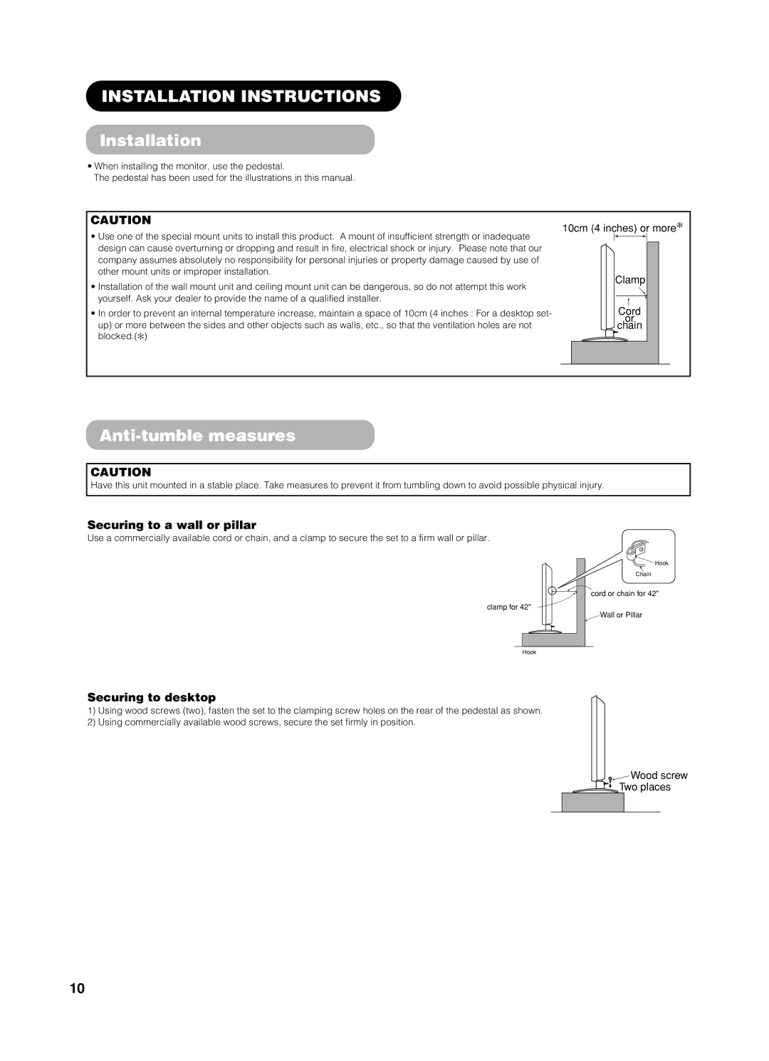 Yamaha PDM-4210E Installation Instructions, Anti-tumble measures, Securing to a wall or pillar, Securing to desktop 