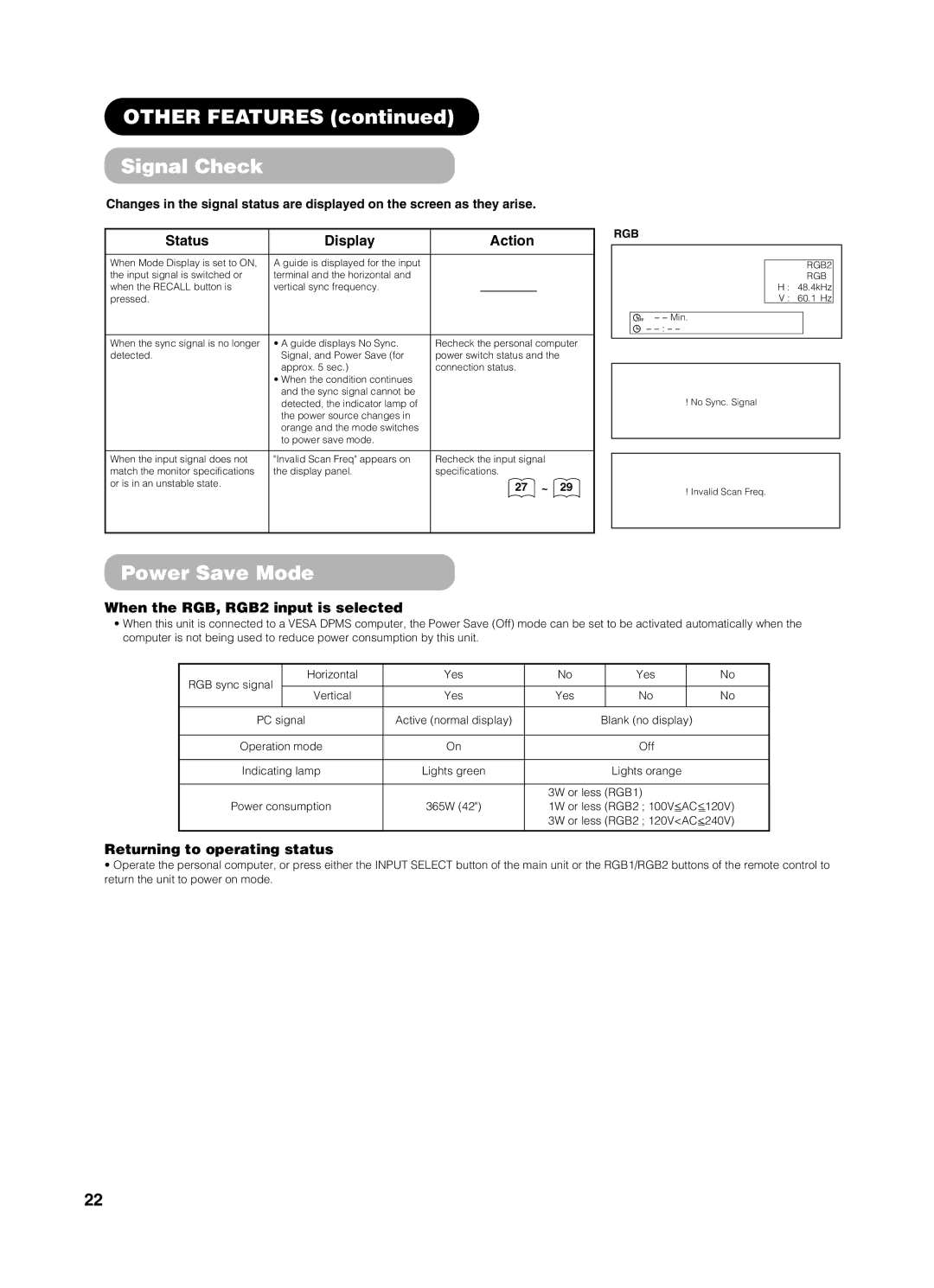 Yamaha PDM-4210E Other Features Signal Check, Power Save Mode, Status Display Action, When the RGB, RGB2 input is selected 