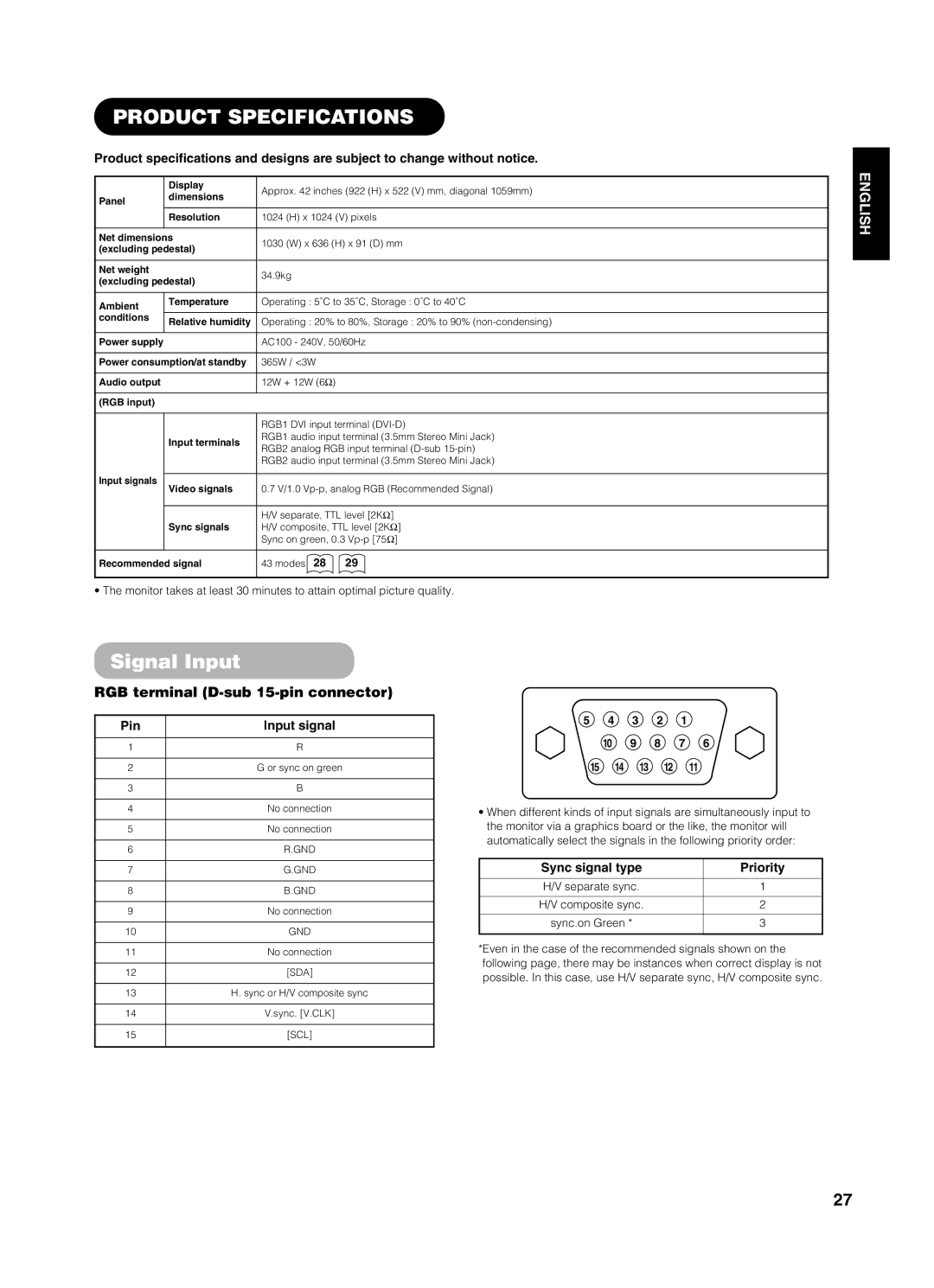 Yamaha PDM-4210E user manual Product Specifications, Signal Input, RGB terminal D-sub 15-pin connector, Pin Input signal 