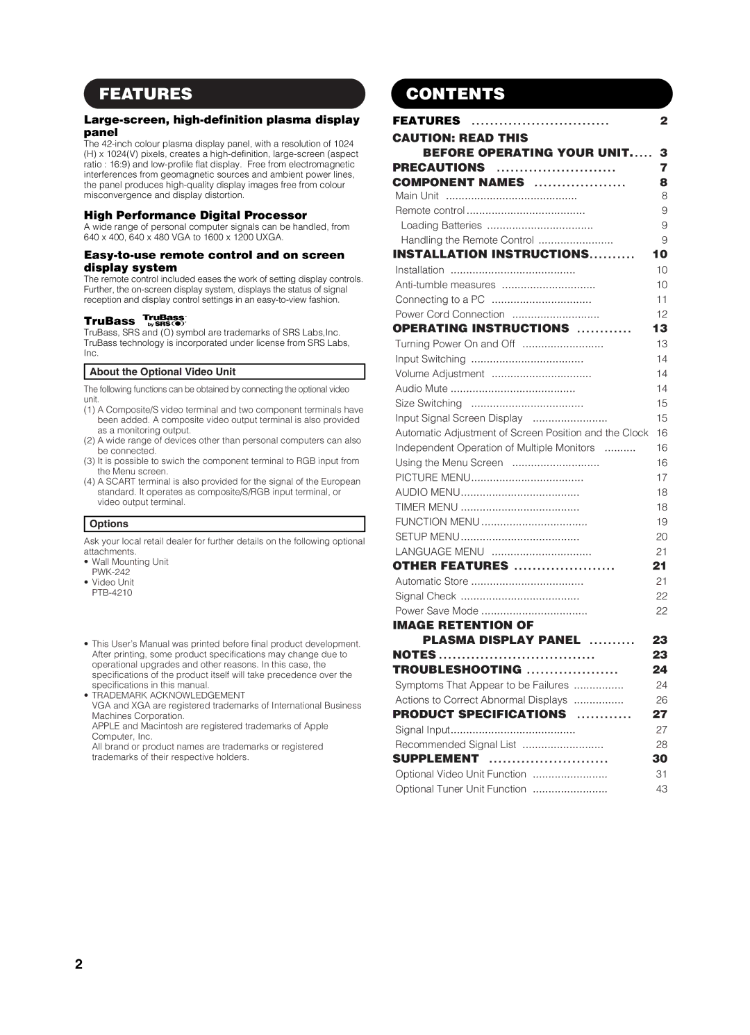 Yamaha PDM-4210E user manual Features, Contents 