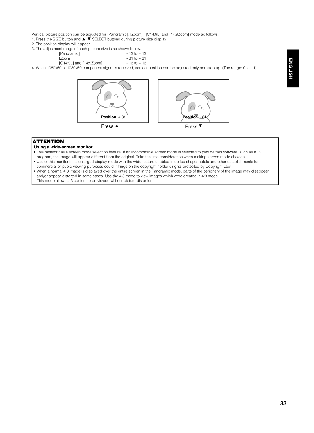 Yamaha PDM-4210E user manual Using a wide-screen monitor, Position + 