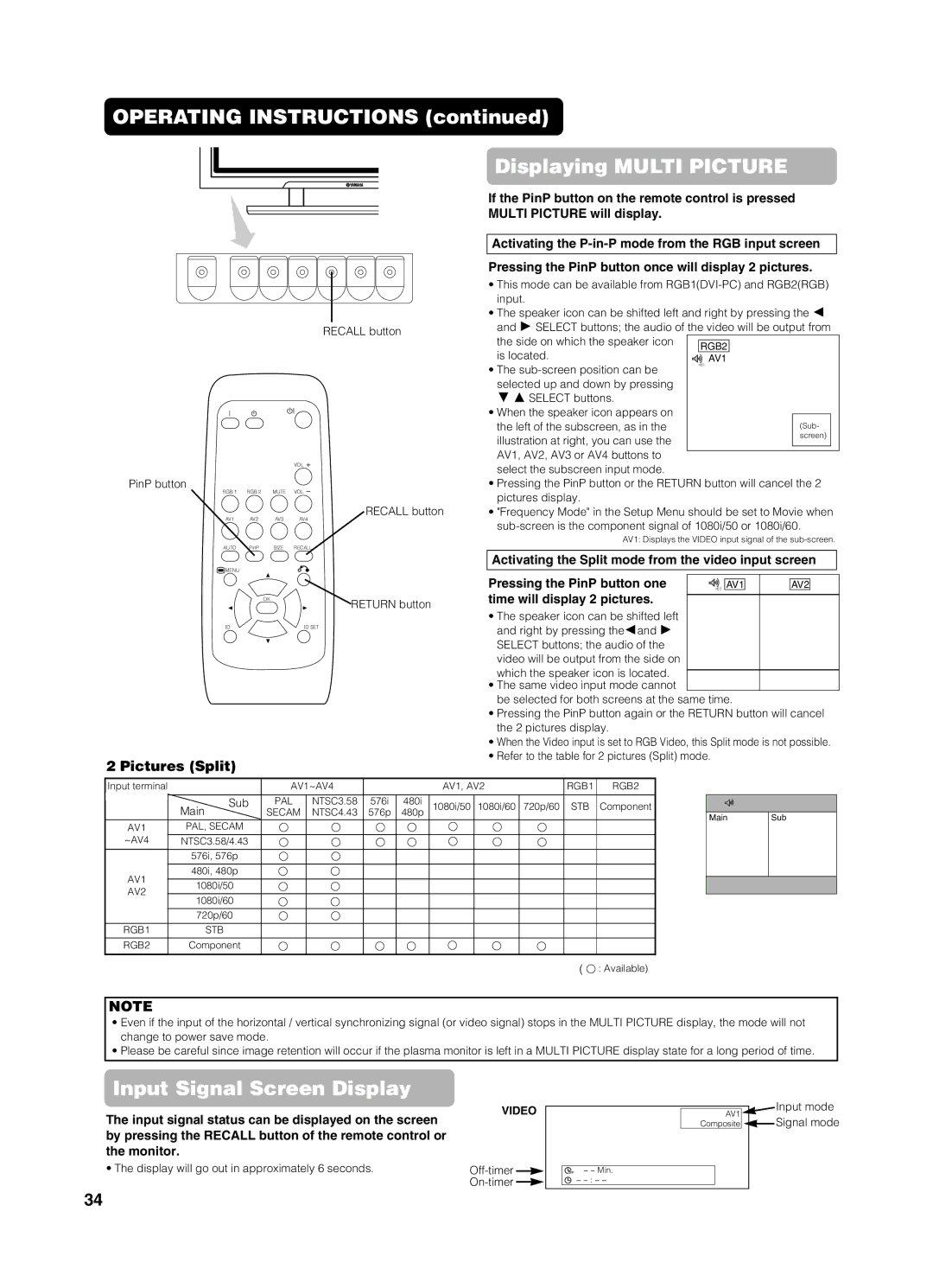 Yamaha PDM-4210E user manual Operating Instructions Displaying Multi Picture, Pictures Split, Time will display 2 pictures 