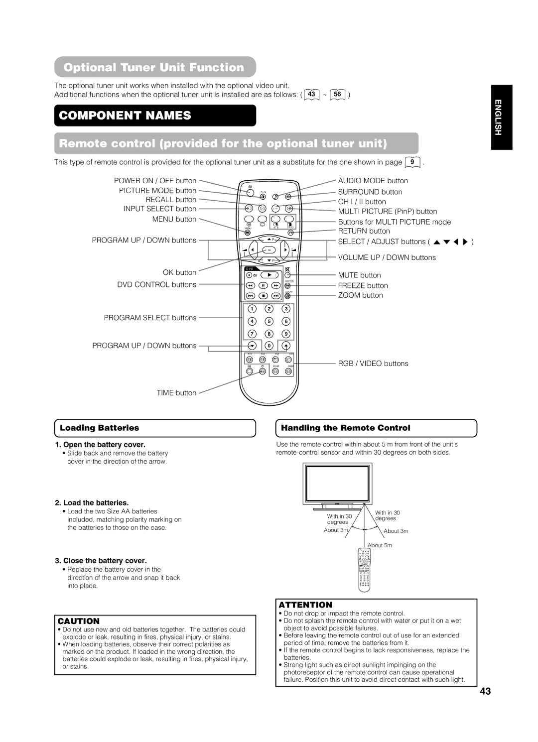 Yamaha PDM-4210E Optional Tuner Unit Function, Remote control provided for the optional tuner unit, Freeze button 