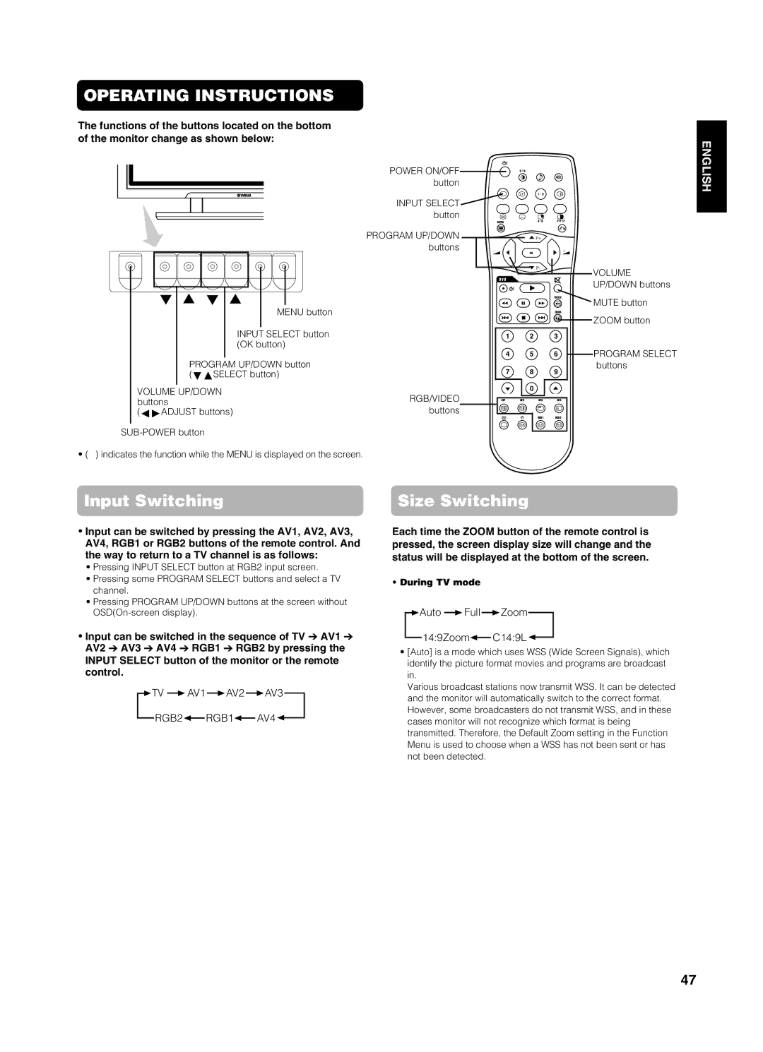 Yamaha PDM-4210E user manual TV AV1 AV2 AV3 RGB2 RGB1 AV4, Auto Full Zoom 149Zoom C149L, During TV mode 