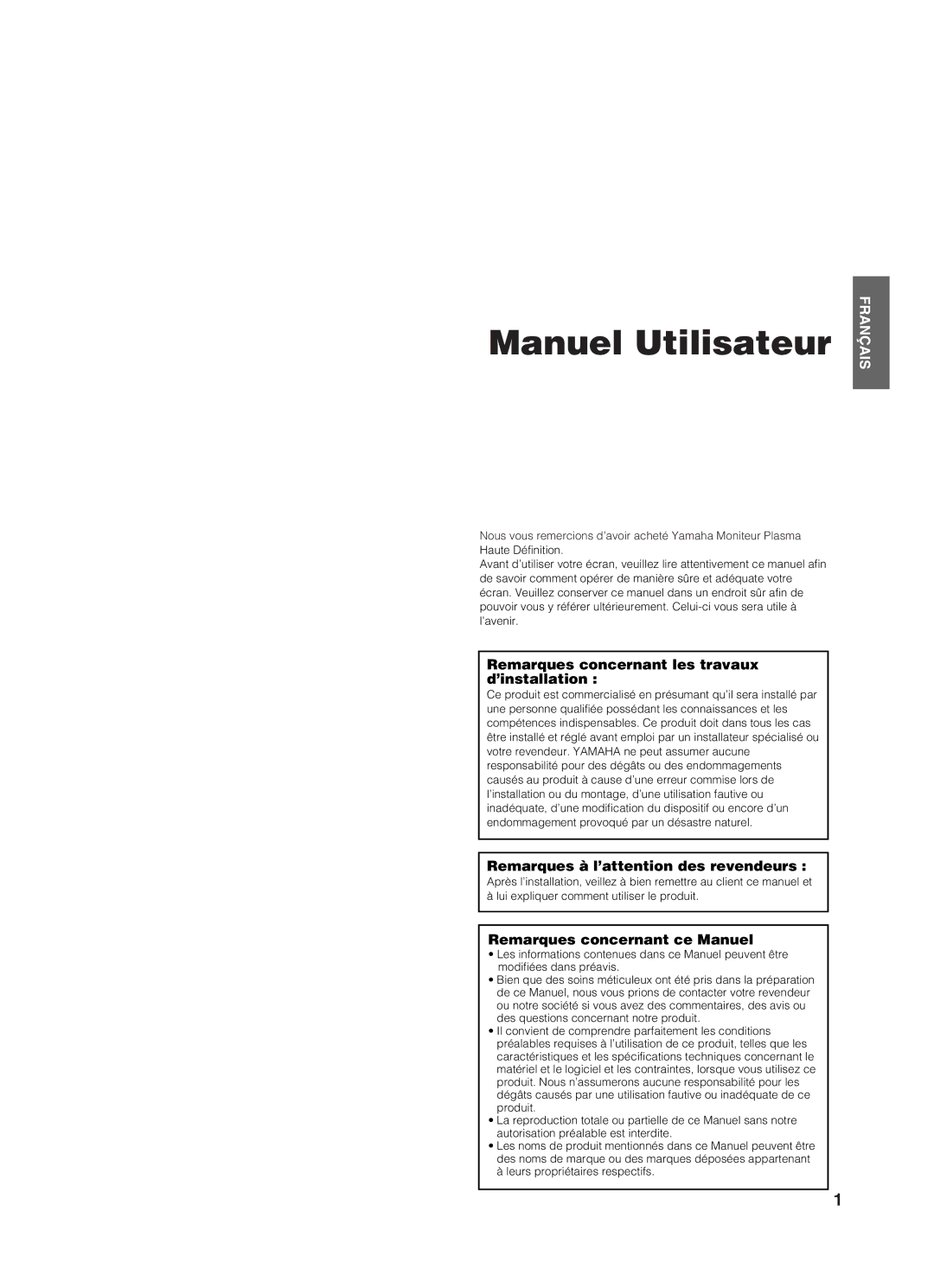 Yamaha PDM-4210E user manual Remarques concernant les travaux d’installation, Remarques à l’attention des revendeurs 