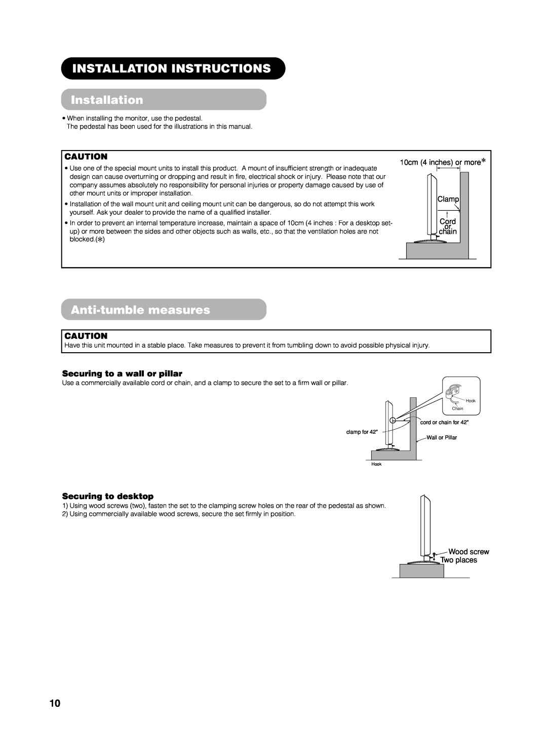 Yamaha PDM-4210E user manual INSTALLATION INSTRUCTIONS Installation, Anti-tumble measures, Securing to a wall or pillar 