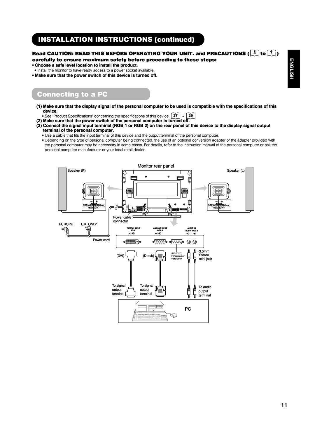 Yamaha PDM-4210E user manual INSTALLATION INSTRUCTIONS continued, Connecting to a PC, English 