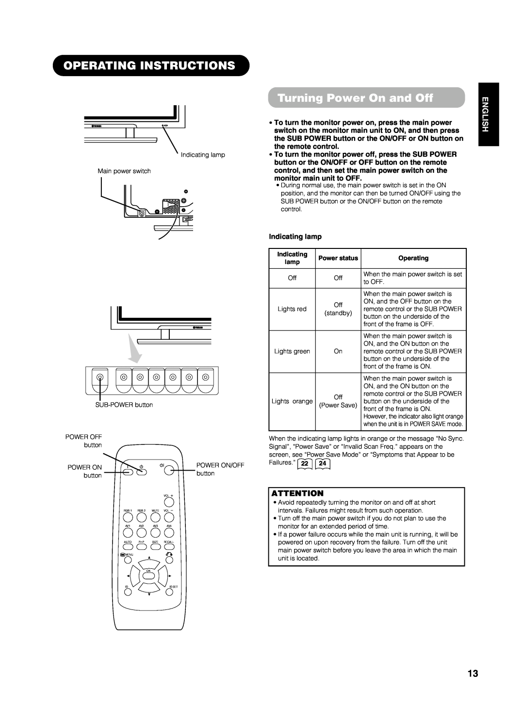 Yamaha PDM-4210E Operating Instructions, Turning Power On and Off, English, the remote control, monitor main unit to OFF 