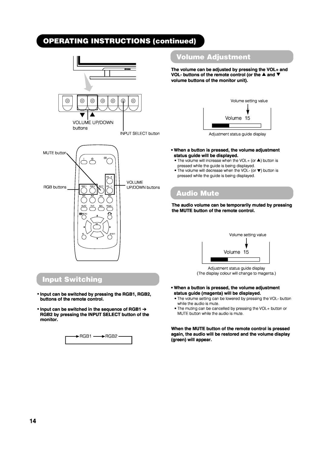 Yamaha PDM-4210E user manual OPERATING INSTRUCTIONS continued Volume Adjustment, Audio Mute, Input Switching 