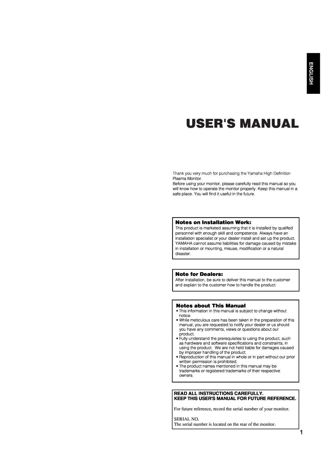 Yamaha PDM-4210E user manual Users Manual, English, Notes on lnstallation Work, Note for Dealers, Notes about This Manual 