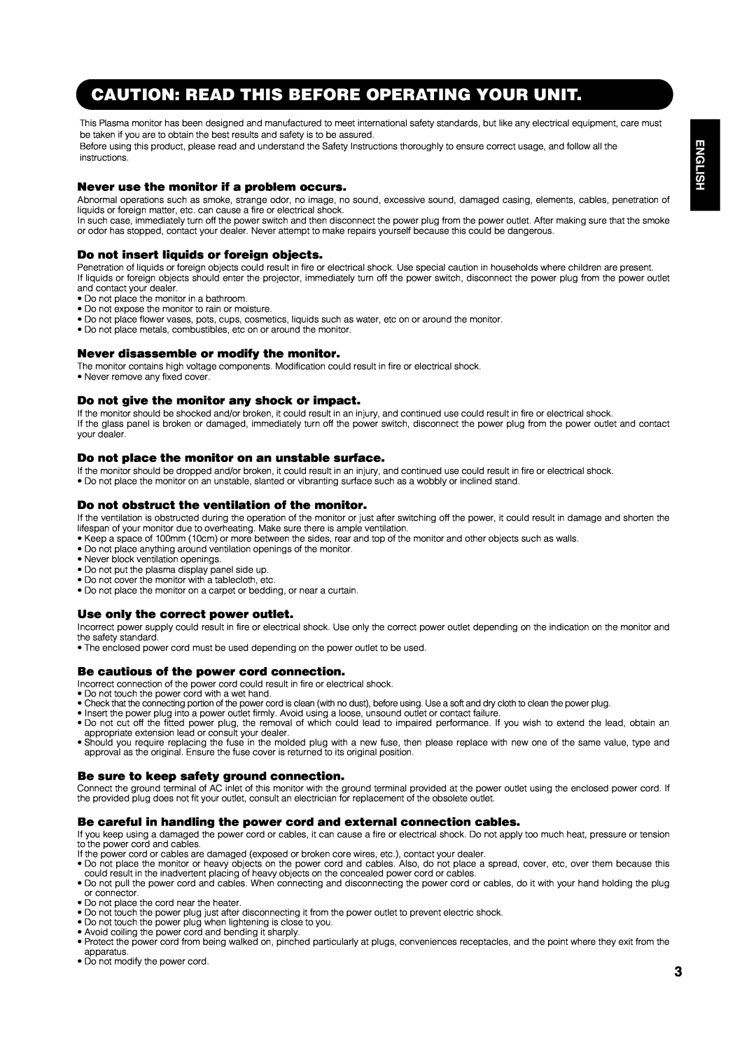 Yamaha PDM-4210E Caution Read This Before Operating Your Unit, Never use the monitor if a problem occurs, English 