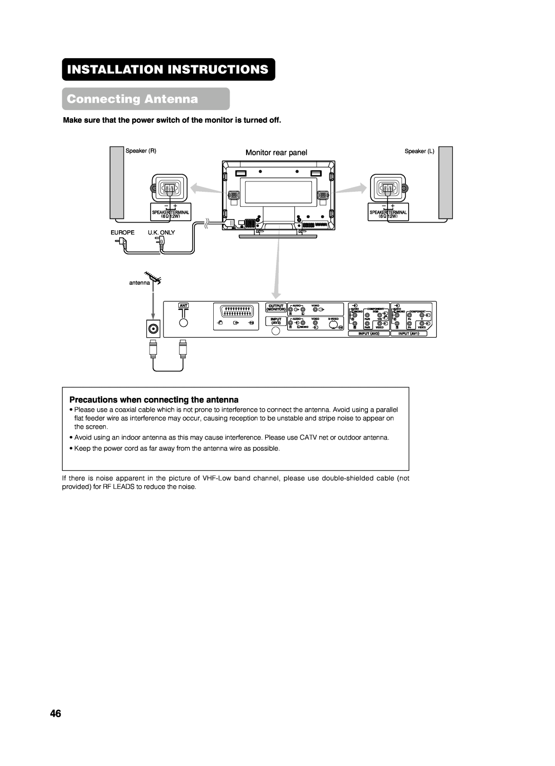 Yamaha PDM-4210E user manual INSTALLATION INSTRUCTIONS Connecting Antenna, Precautions when connecting the antenna 