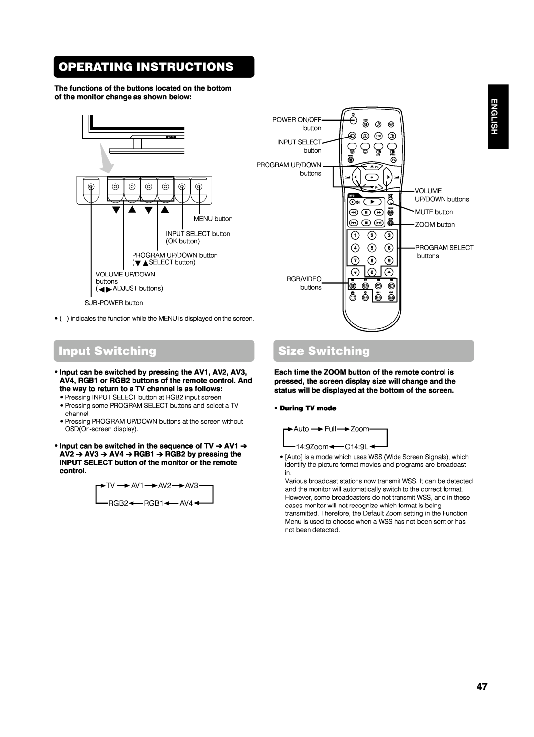 Yamaha PDM-4210E user manual Operating Instructions, Input Switching, Size Switching, English 