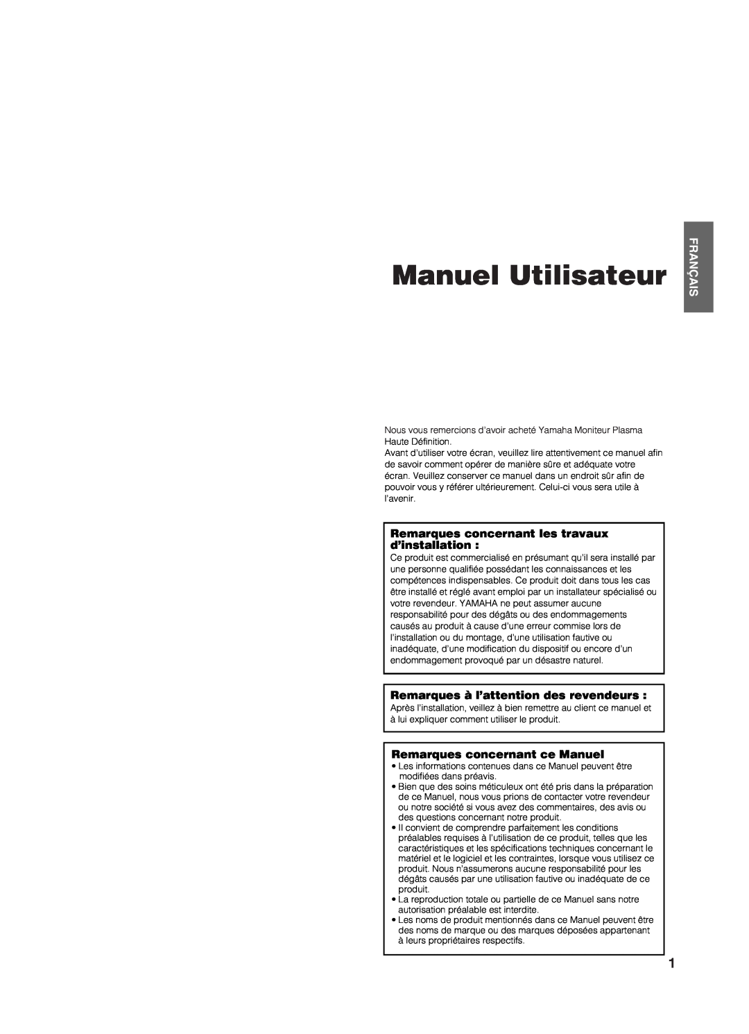 Yamaha PDM-4210E user manual Manuel Utilisateur, Français, Remarques concernant les travaux d’installation 