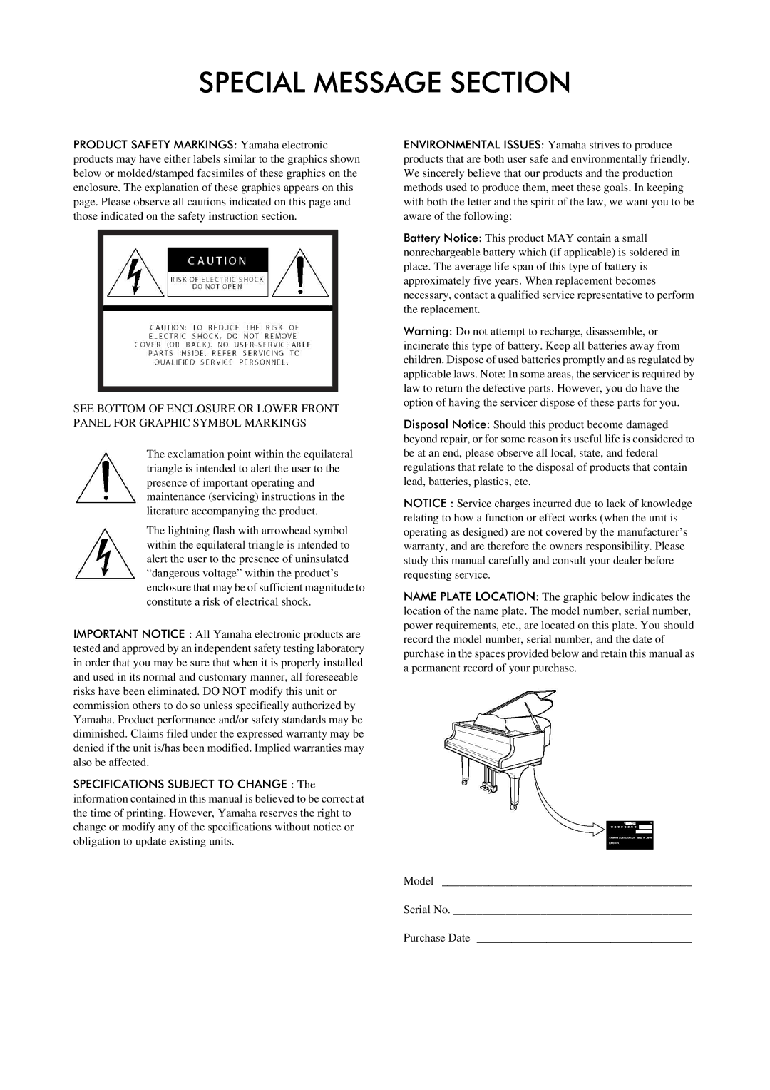 Yamaha piano manual Special Message Section 