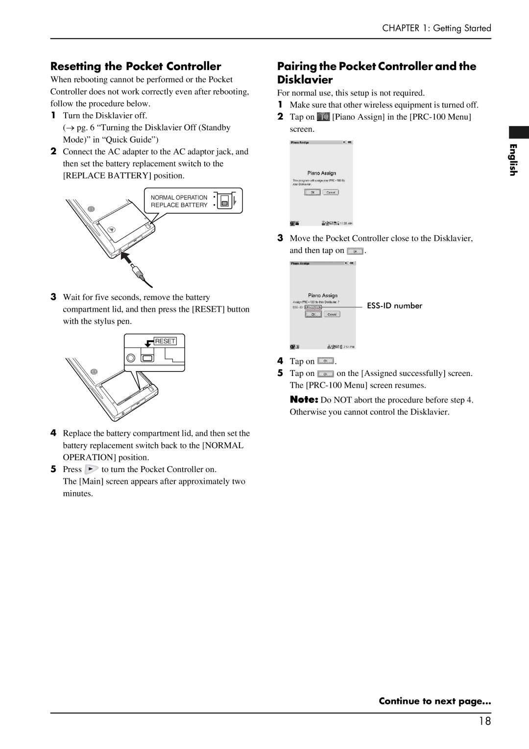 Yamaha piano manual Resetting the Pocket Controller, Pairing the Pocket Controller and the Disklavier 