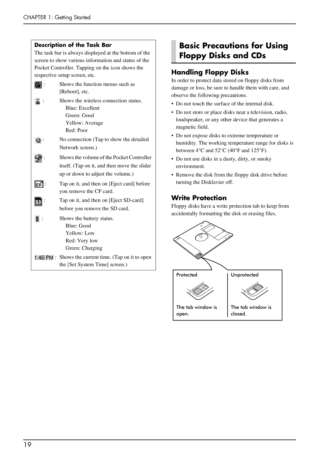 Yamaha piano manual Basic Precautions for Using Floppy Disks and CDs, Handling Floppy Disks, Write Protection 