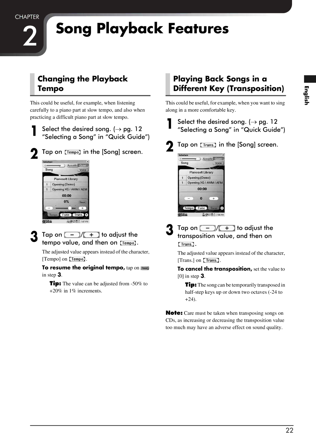 Yamaha piano Song Playback Features, Changing the Playback Tempo, Playing Back Songs in a Different Key Transposition 