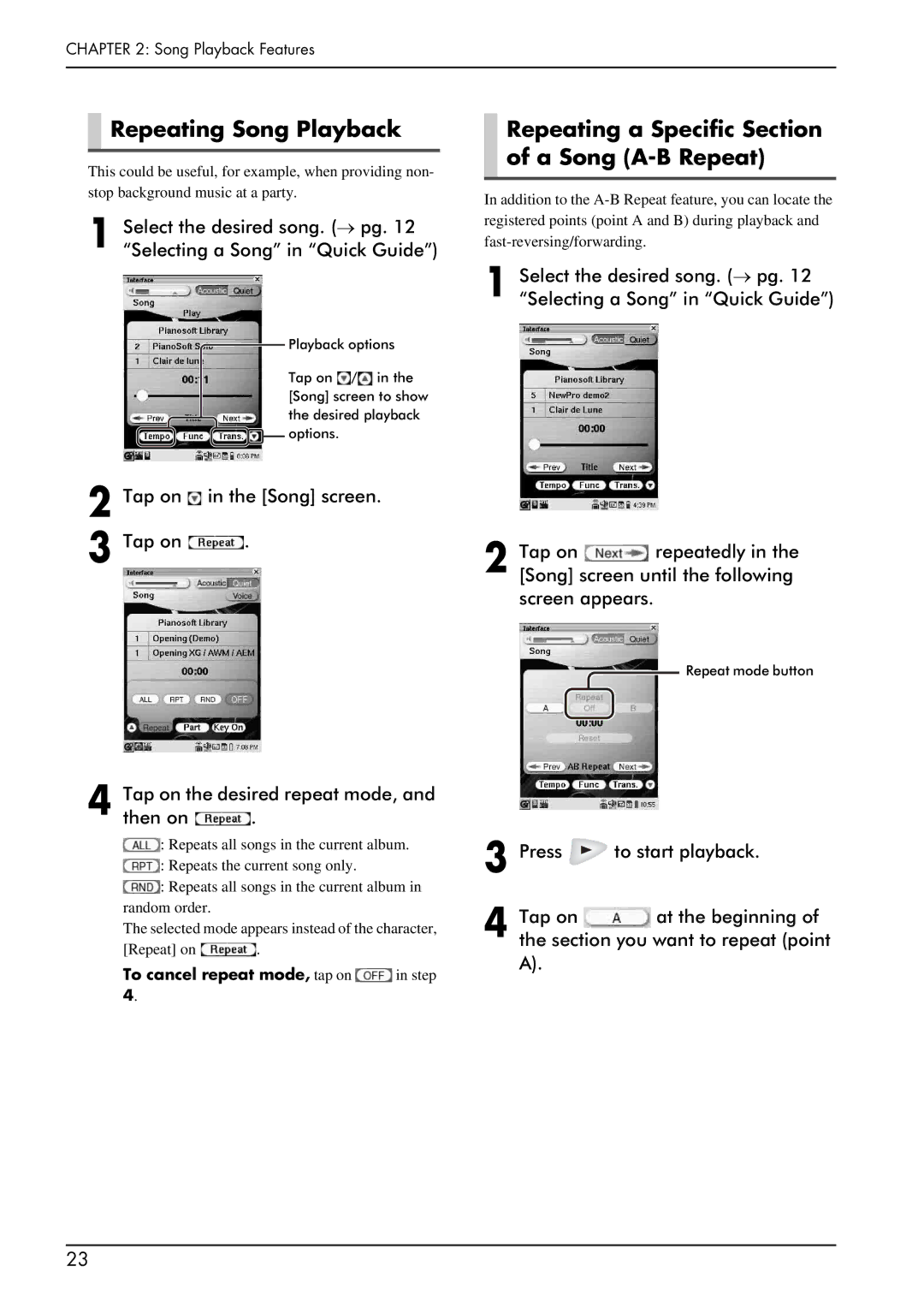 Yamaha piano manual Repeating Song Playback, Repeating a Specific Section of a Song A-B Repeat 