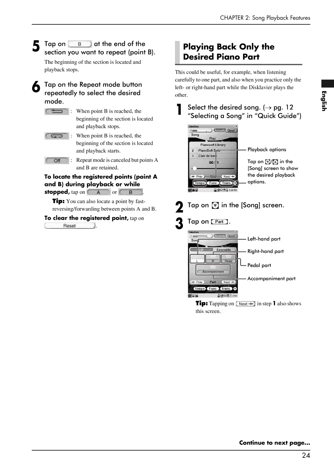 Yamaha piano manual Playing Back Only Desired Piano Part, Tap on at the end of the section you want to repeat point B 