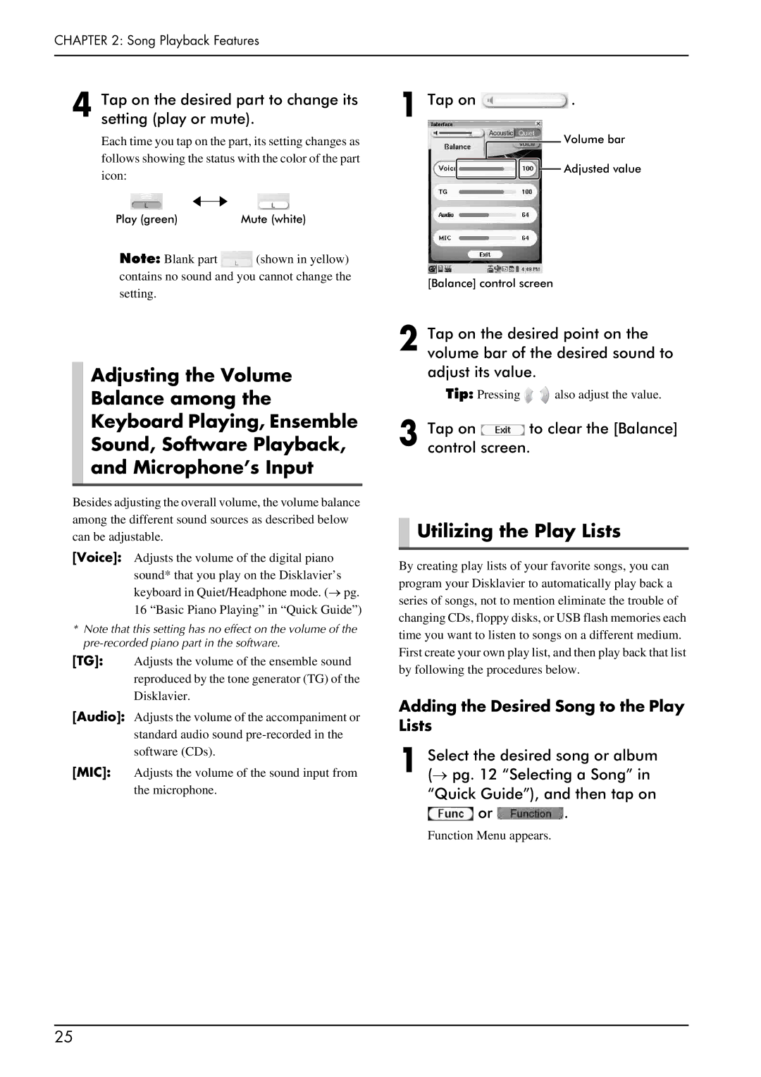 Yamaha piano manual Utilizing the Play Lists, Tap on the desired part to change its setting play or mute 